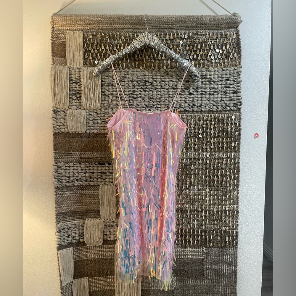 π NWT Forever 21 rainbow hologram AB crystal pink sequin mini dress sz S - Picture 8 of 10